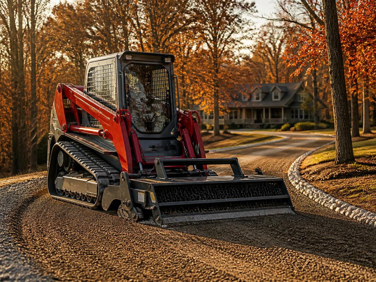 Compact track skid steer grading the finish layer of a crowned gravel driveway on a New Jersey property