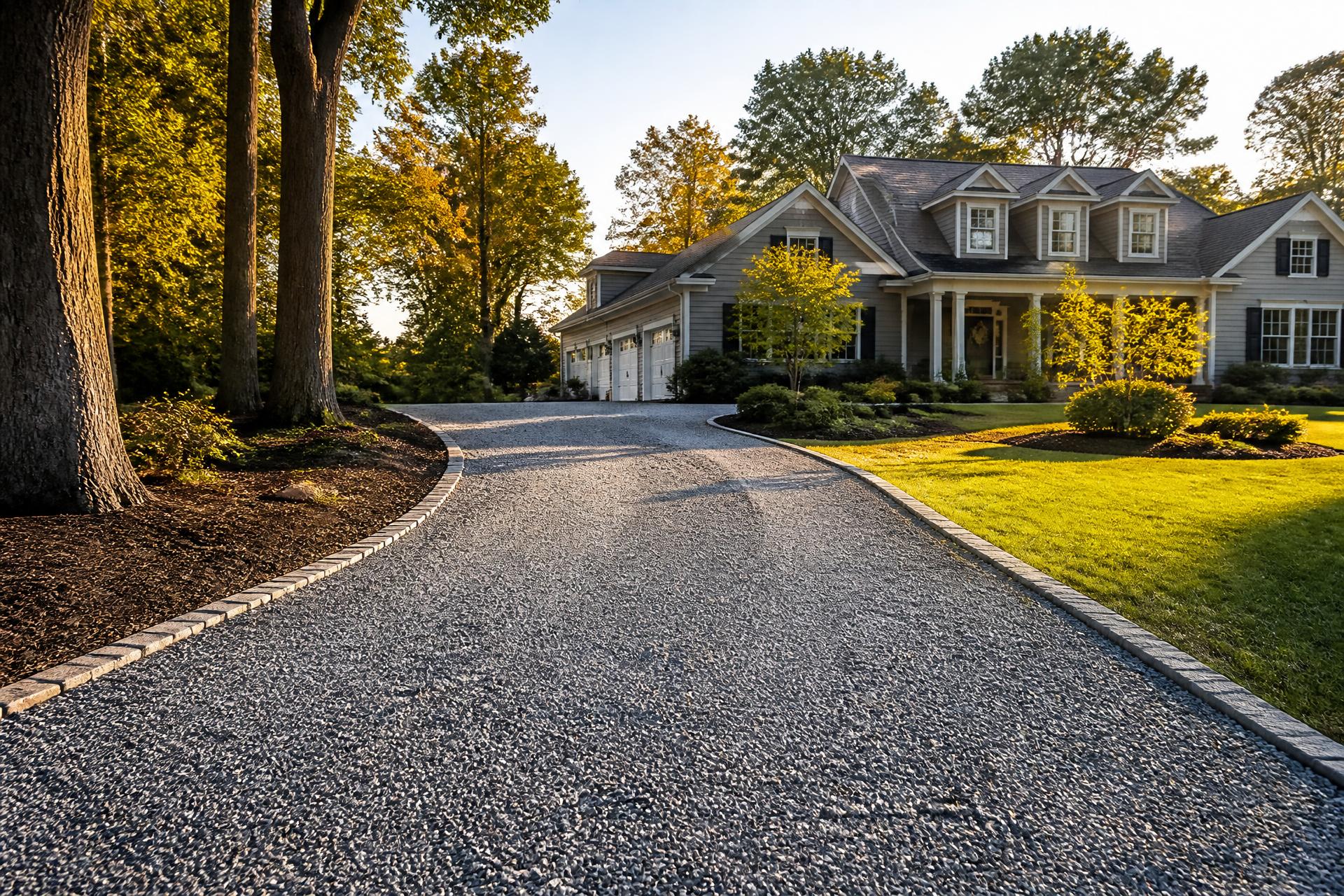 Freshly installed crushed gravel driveway curving up to a home in Ocean County, New Jersey