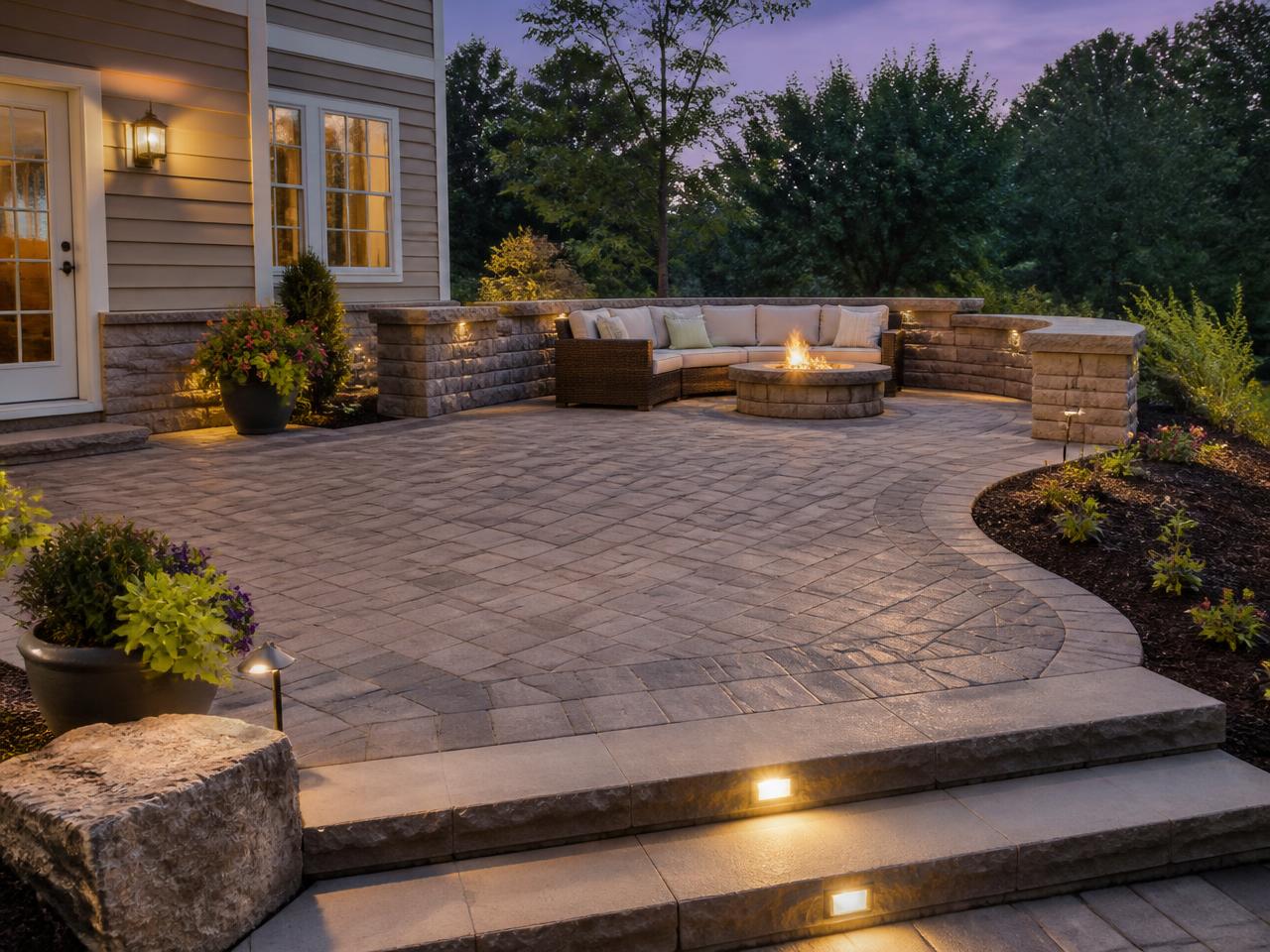 Finished paver patio with seating wall, fire pit and landscape lighting at dusk in New Jersey